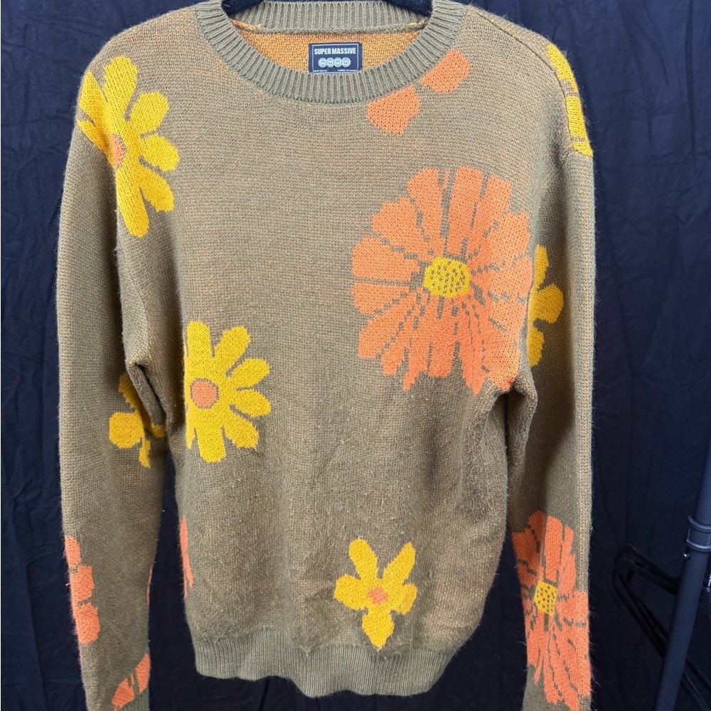 Super Massive Floral Knit Sweater Olive Yellow Orange Flowers